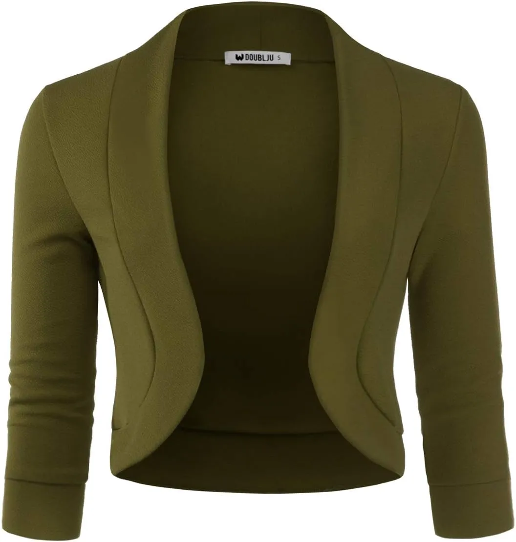 DOUBLJU Bolero Open Front Cardigan Crop Jackets 3/4 Sleeve Basic Cropped Blazers Business Casual for Womens with Plus Size