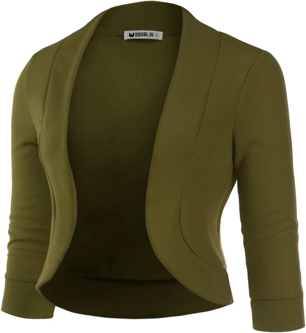 DOUBLJU Bolero Open Front Cardigan Crop Jackets 3/4 Sleeve Basic Cropped Blazers Business Casual for Womens with Plus Size