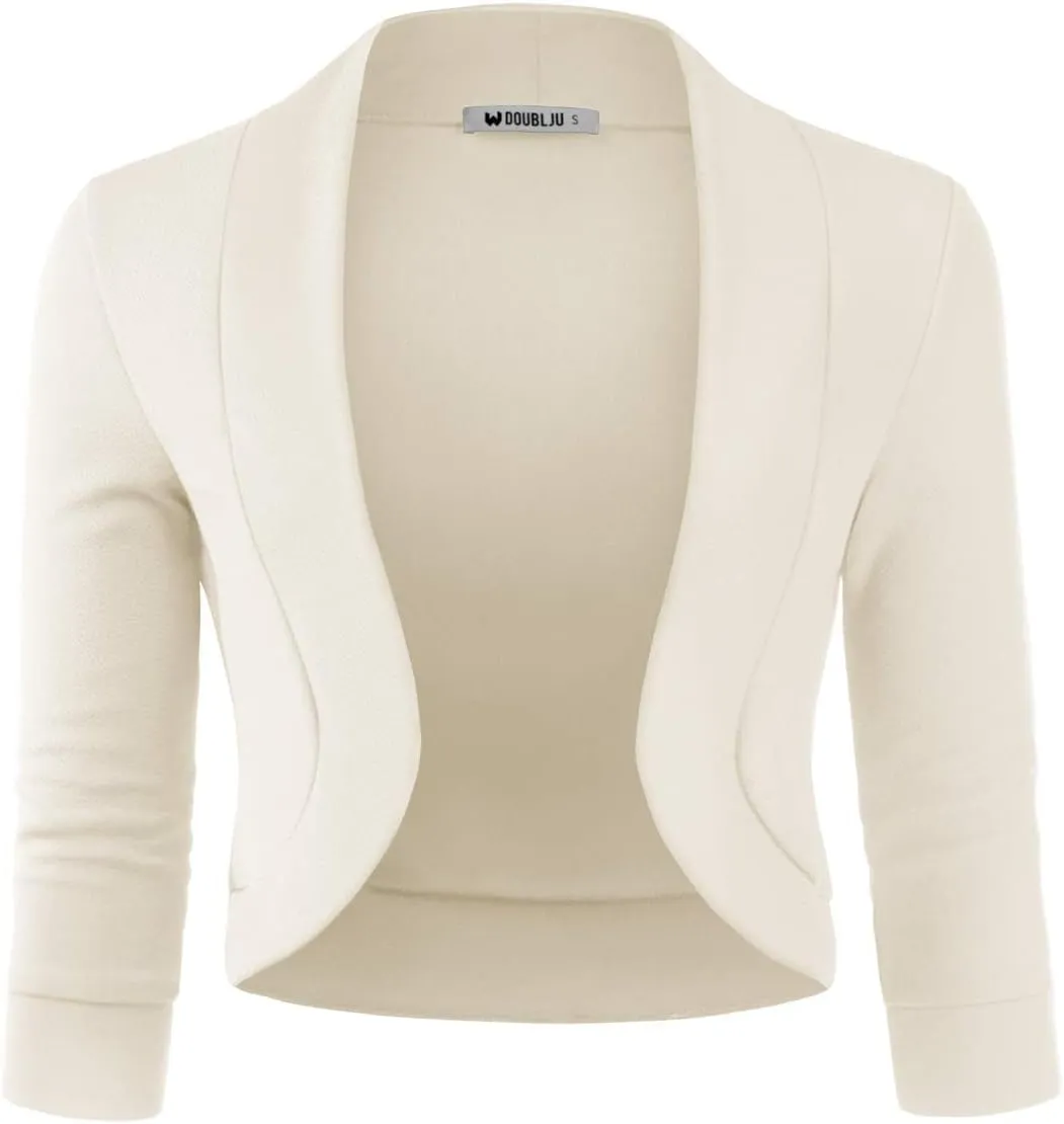 DOUBLJU Bolero Open Front Cardigan Crop Jackets 3/4 Sleeve Basic Cropped Blazers Business Casual for Womens with Plus Size
