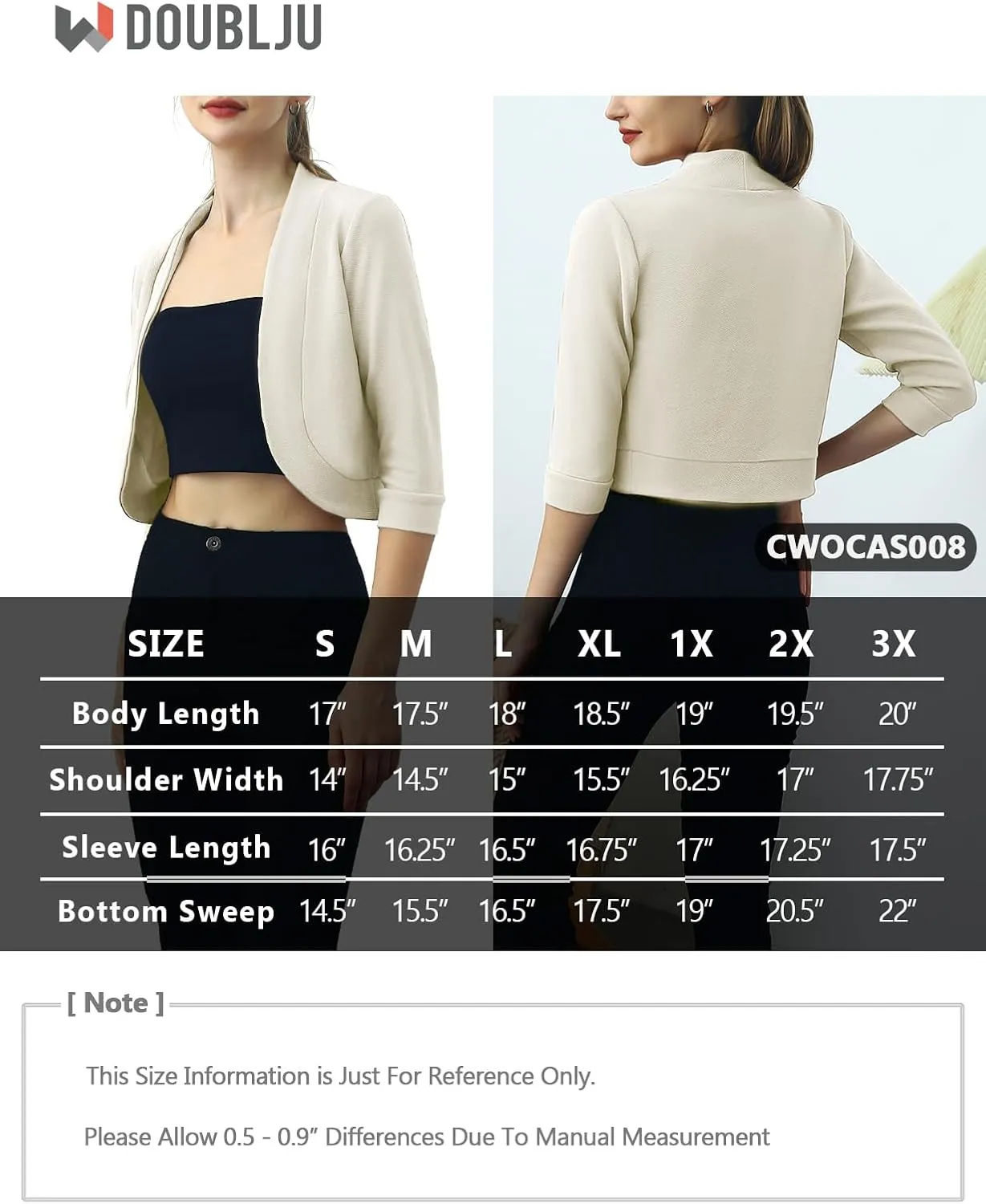 DOUBLJU Bolero Open Front Cardigan Crop Jackets 3/4 Sleeve Basic Cropped Blazers Business Casual for Womens with Plus Size