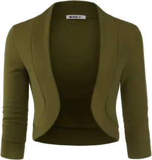 DOUBLJU Bolero Open Front Cardigan Crop Jackets 3/4 Sleeve Basic Cropped Blazers Business Casual for Womens with Plus Size