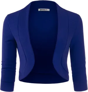 DOUBLJU Bolero Open Front Cardigan Crop Jackets 3/4 Sleeve Basic Cropped Blazers Business Casual for Womens with Plus Size