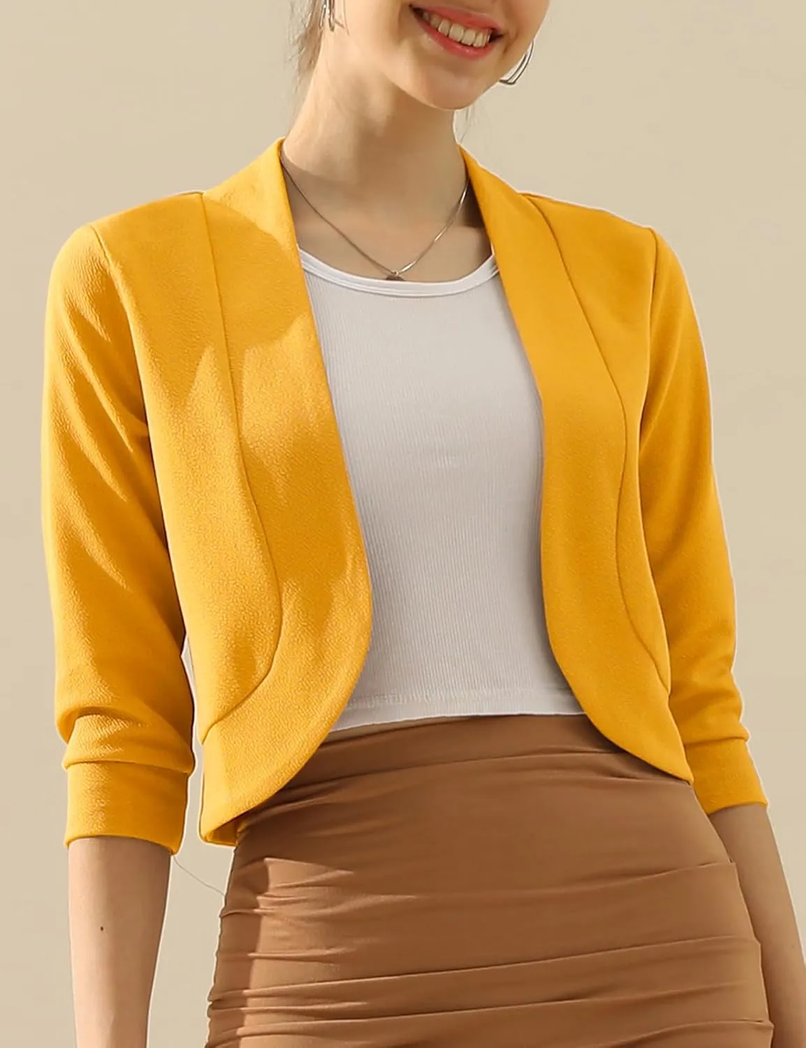 DOUBLJU Bolero Open Front Cardigan Crop Jackets 3/4 Sleeve Basic Cropped Blazers Business Casual for Womens with Plus Size