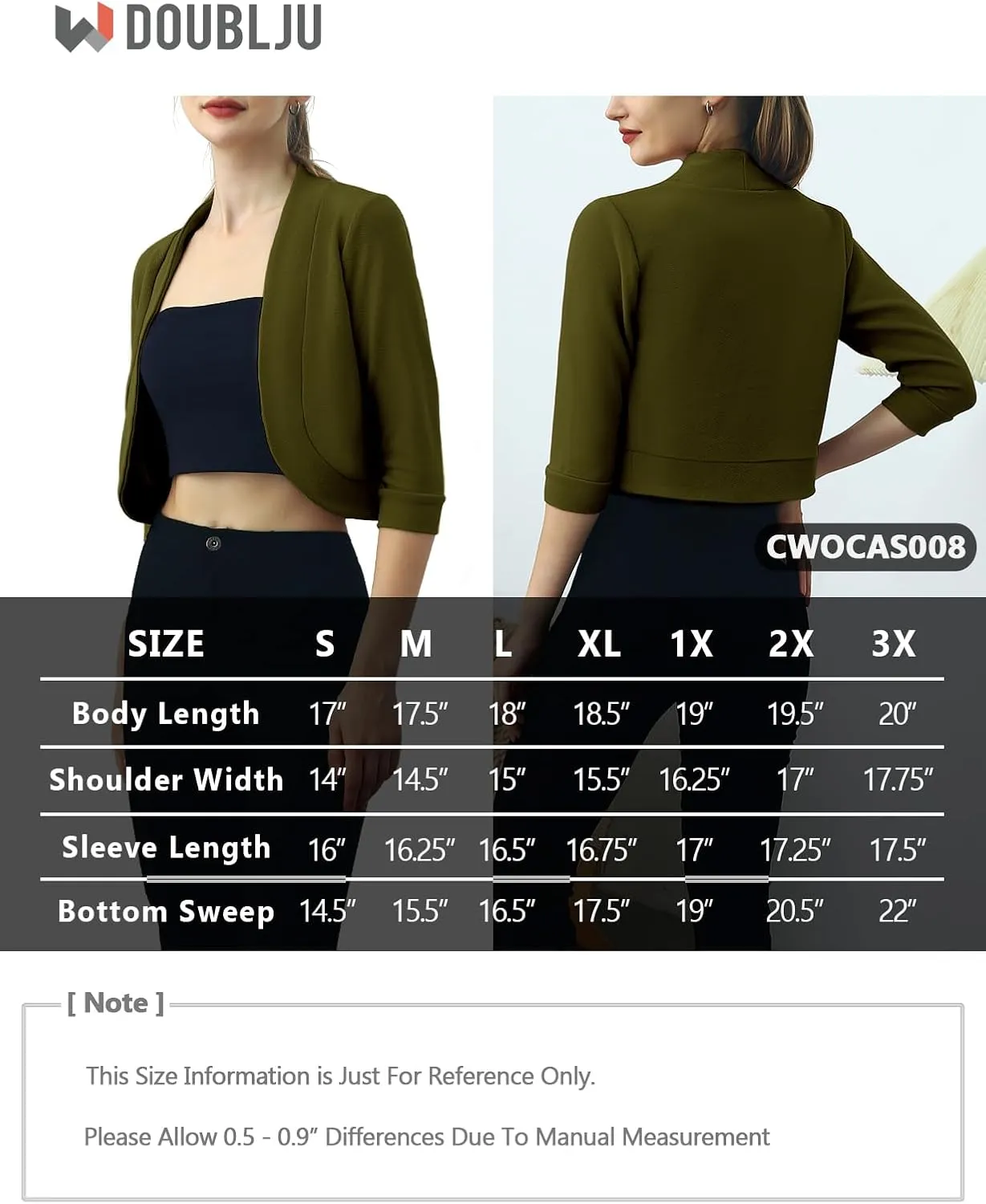 DOUBLJU Bolero Open Front Cardigan Crop Jackets 3/4 Sleeve Basic Cropped Blazers Business Casual for Womens with Plus Size
