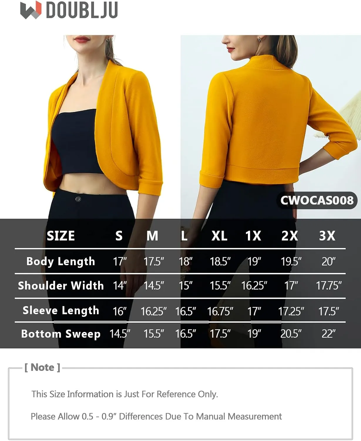 DOUBLJU Bolero Open Front Cardigan Crop Jackets 3/4 Sleeve Basic Cropped Blazers Business Casual for Womens with Plus Size