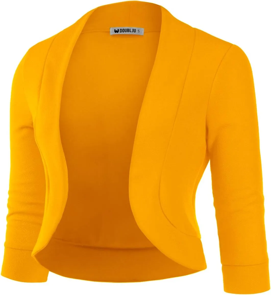 DOUBLJU Bolero Open Front Cardigan Crop Jackets 3/4 Sleeve Basic Cropped Blazers Business Casual for Womens with Plus Size