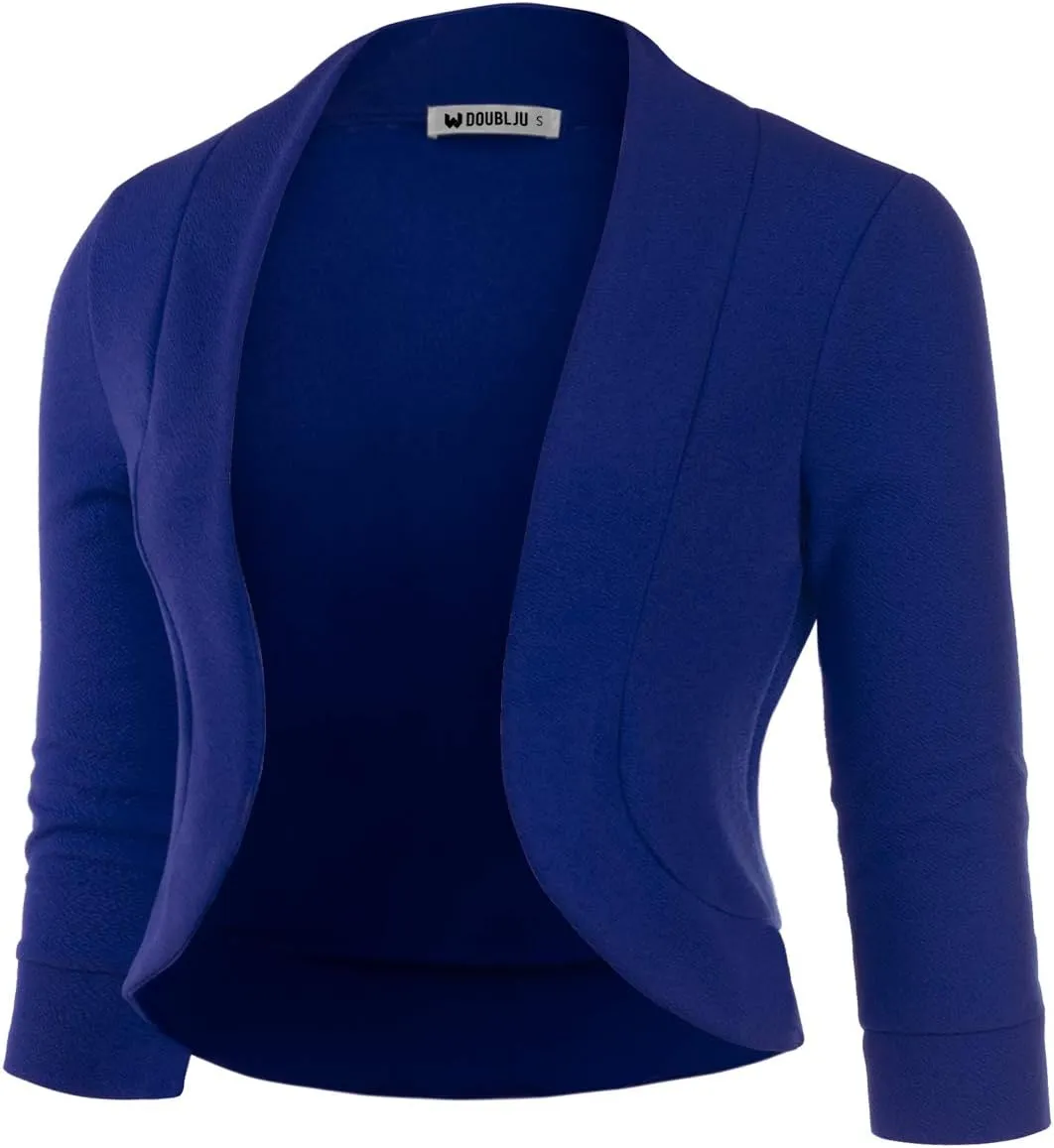 DOUBLJU Bolero Open Front Cardigan Crop Jackets 3/4 Sleeve Basic Cropped Blazers Business Casual for Womens with Plus Size