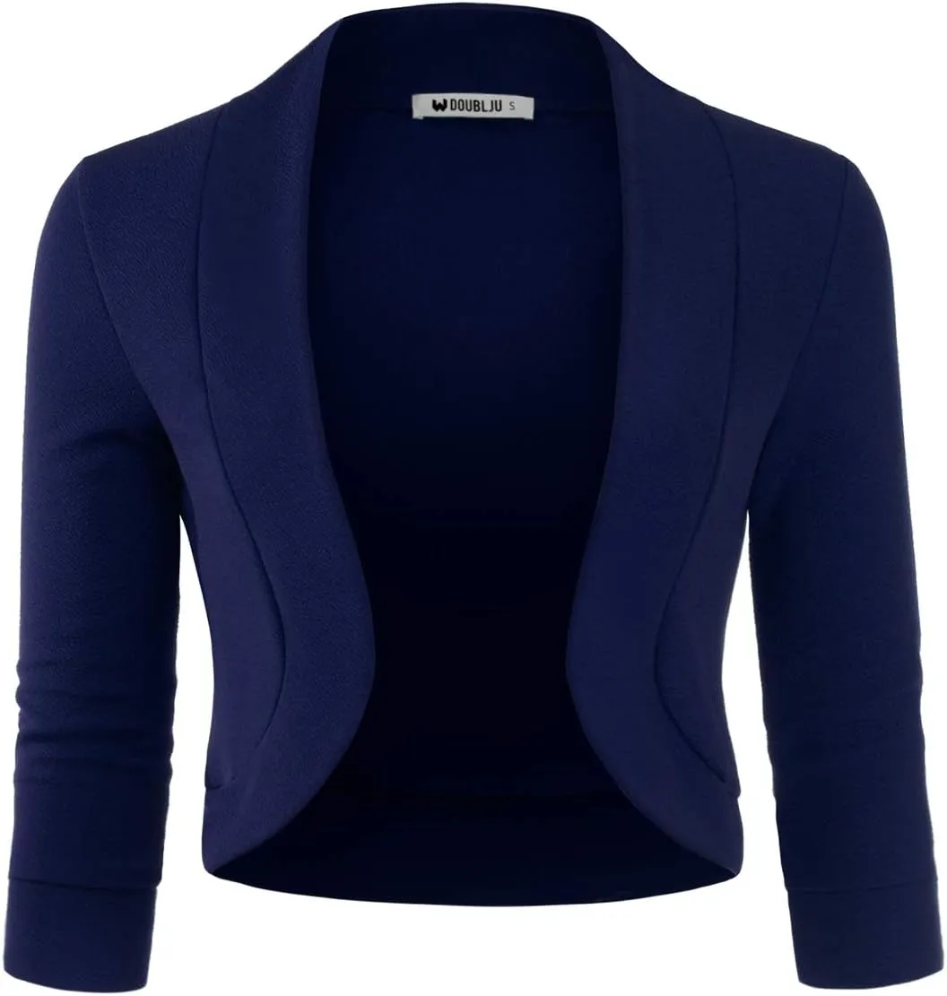 DOUBLJU Bolero Open Front Cardigan Crop Jackets 3/4 Sleeve Basic Cropped Blazers Business Casual for Womens with Plus Size
