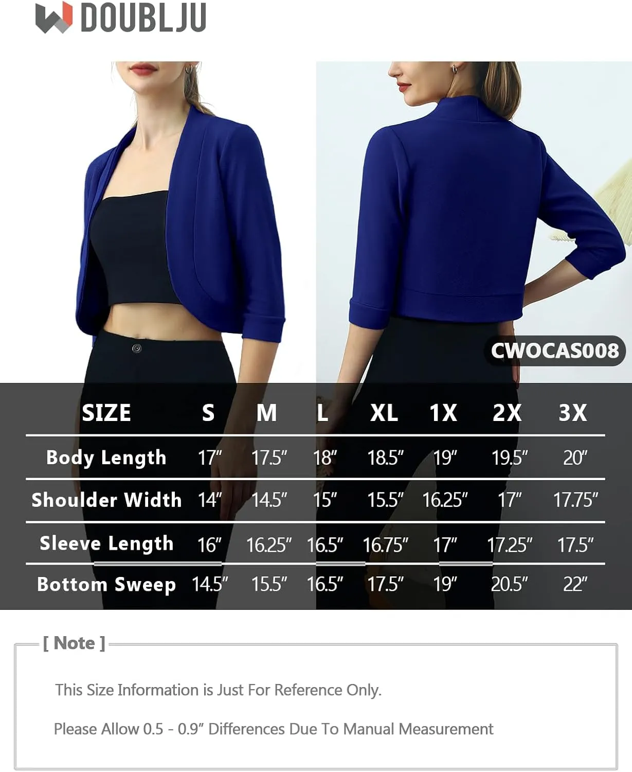 DOUBLJU Bolero Open Front Cardigan Crop Jackets 3/4 Sleeve Basic Cropped Blazers Business Casual for Womens with Plus Size