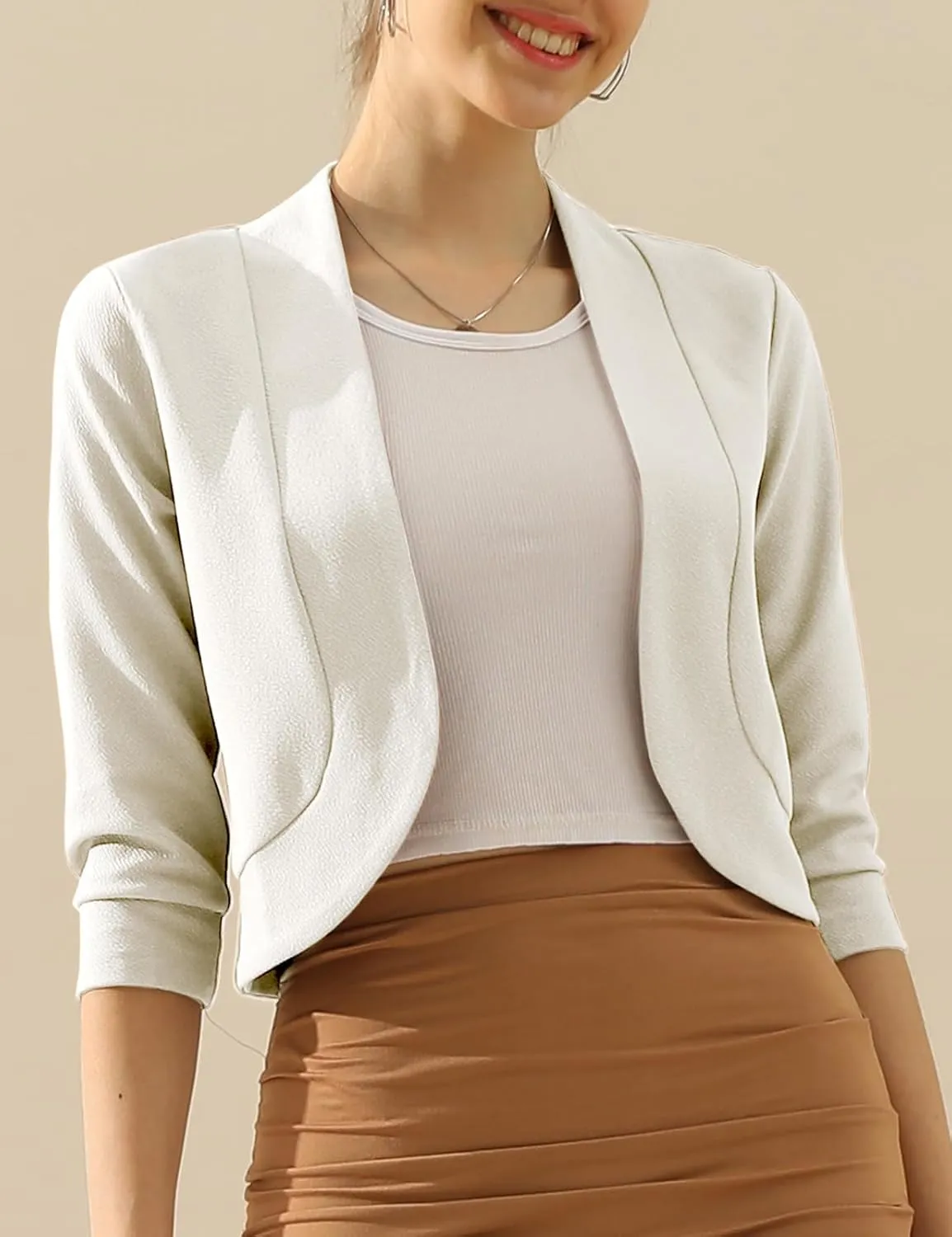 DOUBLJU Bolero Open Front Cardigan Crop Jackets 3/4 Sleeve Basic Cropped Blazers Business Casual for Womens with Plus Size