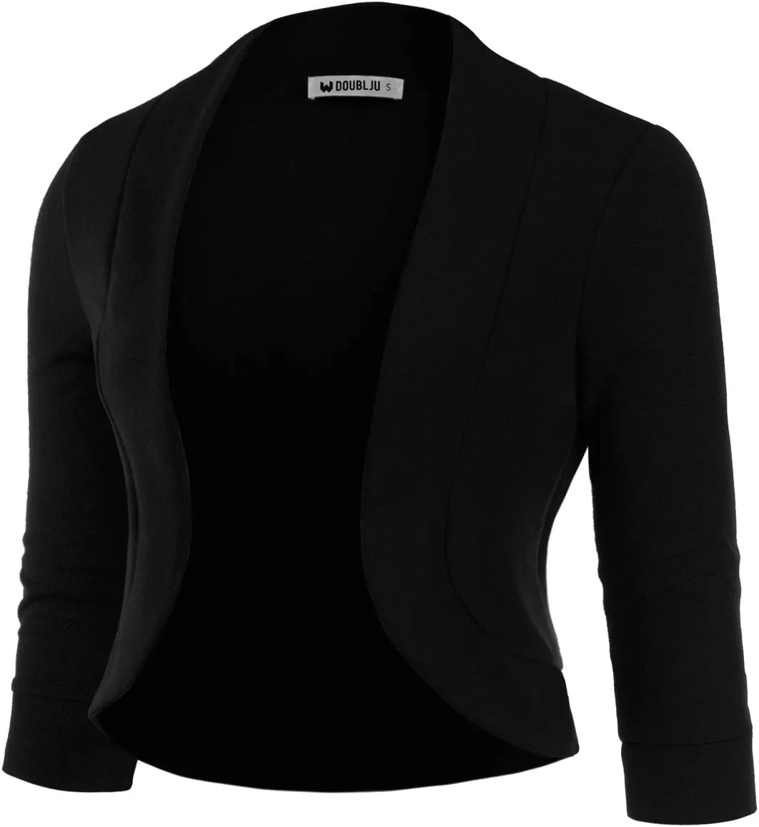 DOUBLJU Bolero Open Front Cardigan Crop Jackets 3/4 Sleeve Basic Cropped Blazers Business Casual for Womens with Plus Size