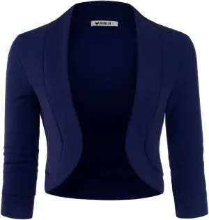 DOUBLJU Bolero Open Front Cardigan Crop Jackets 3/4 Sleeve Basic Cropped Blazers Business Casual for Womens with Plus Size