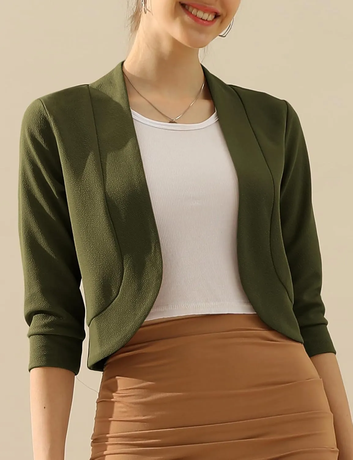 DOUBLJU Bolero Open Front Cardigan Crop Jackets 3/4 Sleeve Basic Cropped Blazers Business Casual for Womens with Plus Size