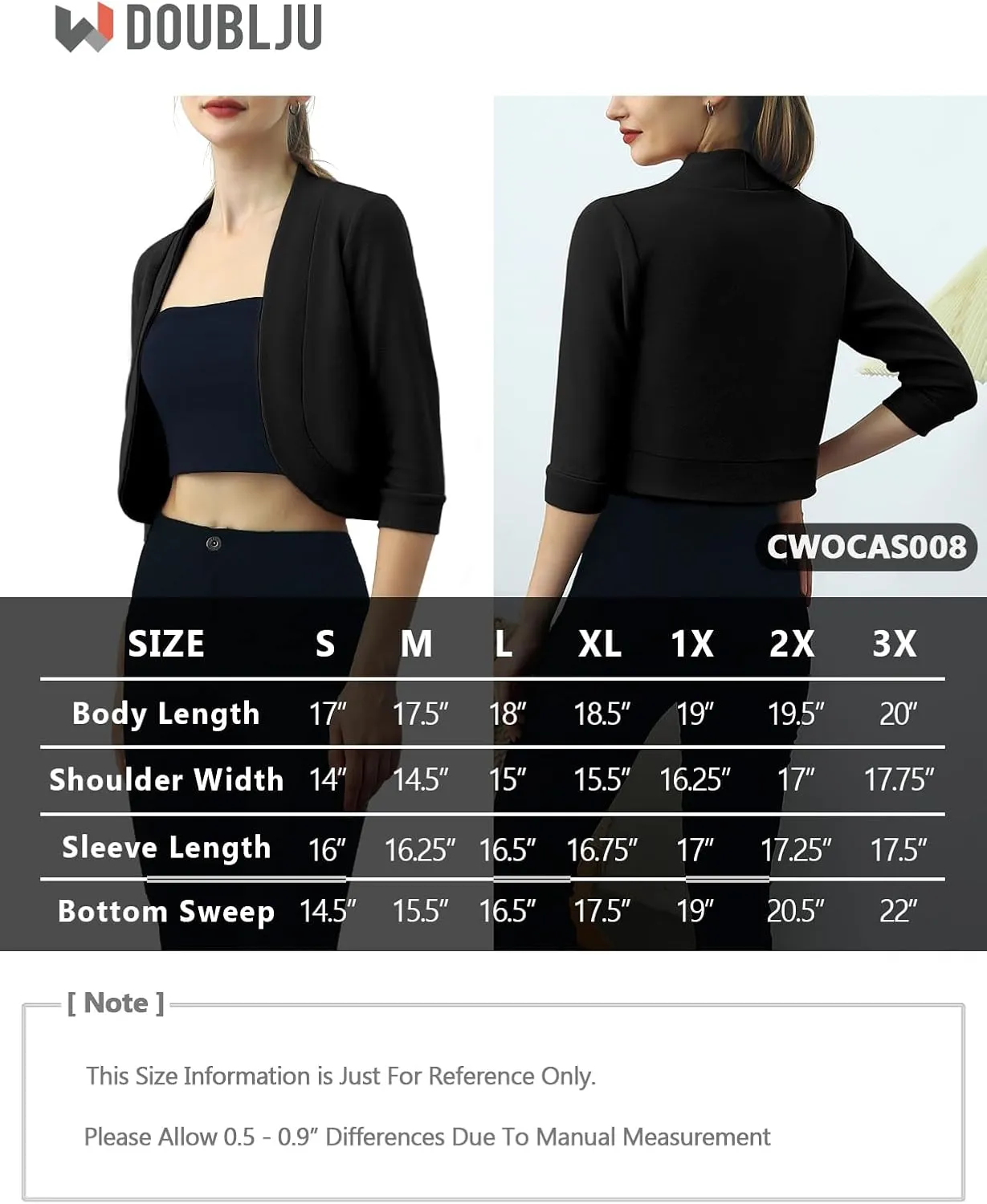 DOUBLJU Bolero Open Front Cardigan Crop Jackets 3/4 Sleeve Basic Cropped Blazers Business Casual for Womens with Plus Size