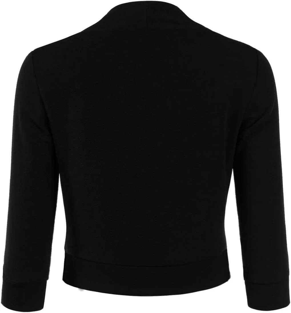 DOUBLJU Bolero Open Front Cardigan Crop Jackets 3/4 Sleeve Basic Cropped Blazers Business Casual for Womens with Plus Size