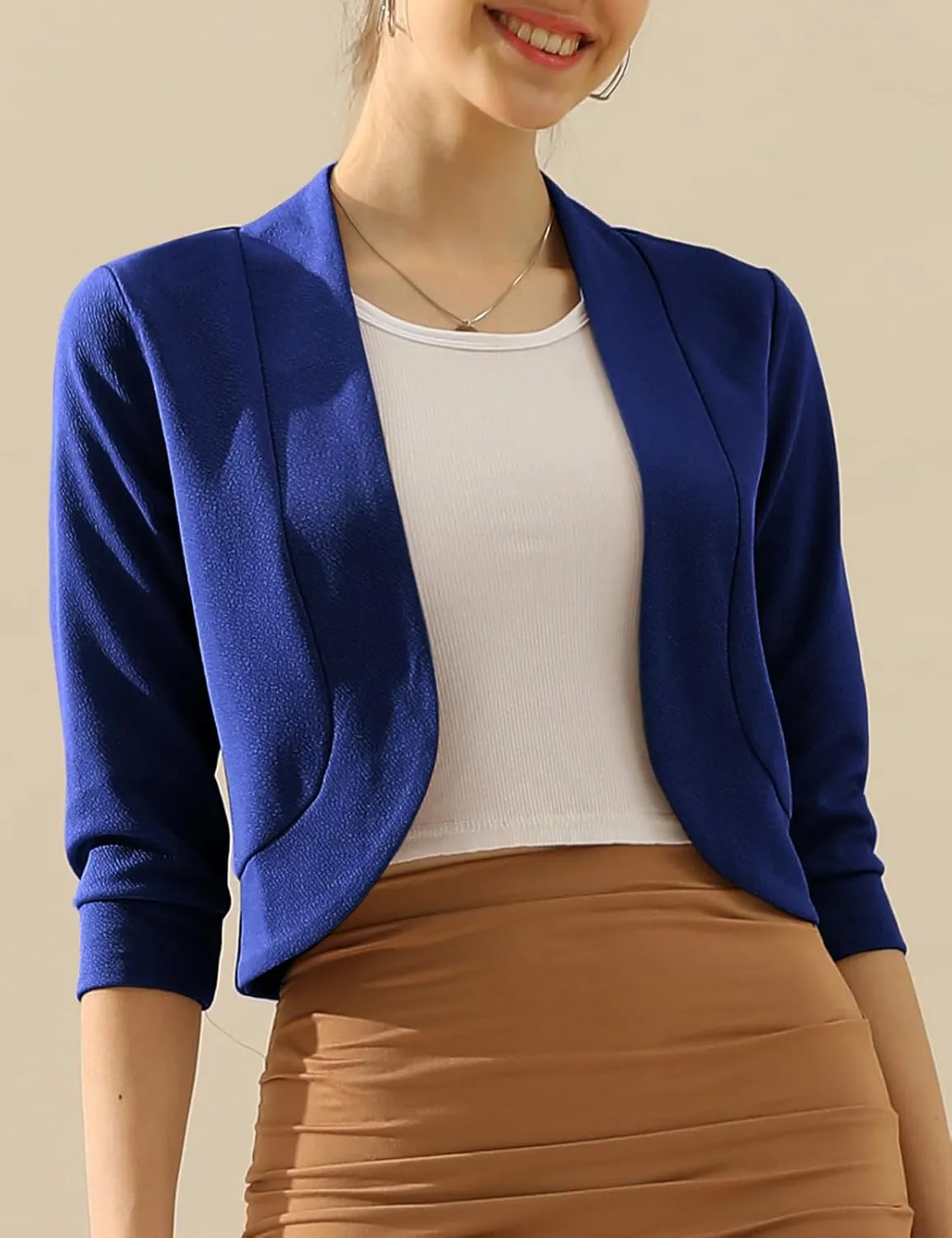 DOUBLJU Bolero Open Front Cardigan Crop Jackets 3/4 Sleeve Basic Cropped Blazers Business Casual for Womens with Plus Size