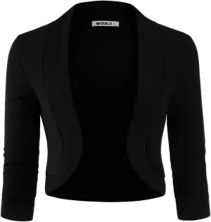 DOUBLJU Bolero Open Front Cardigan Crop Jackets 3/4 Sleeve Basic Cropped Blazers Business Casual for Womens with Plus Size