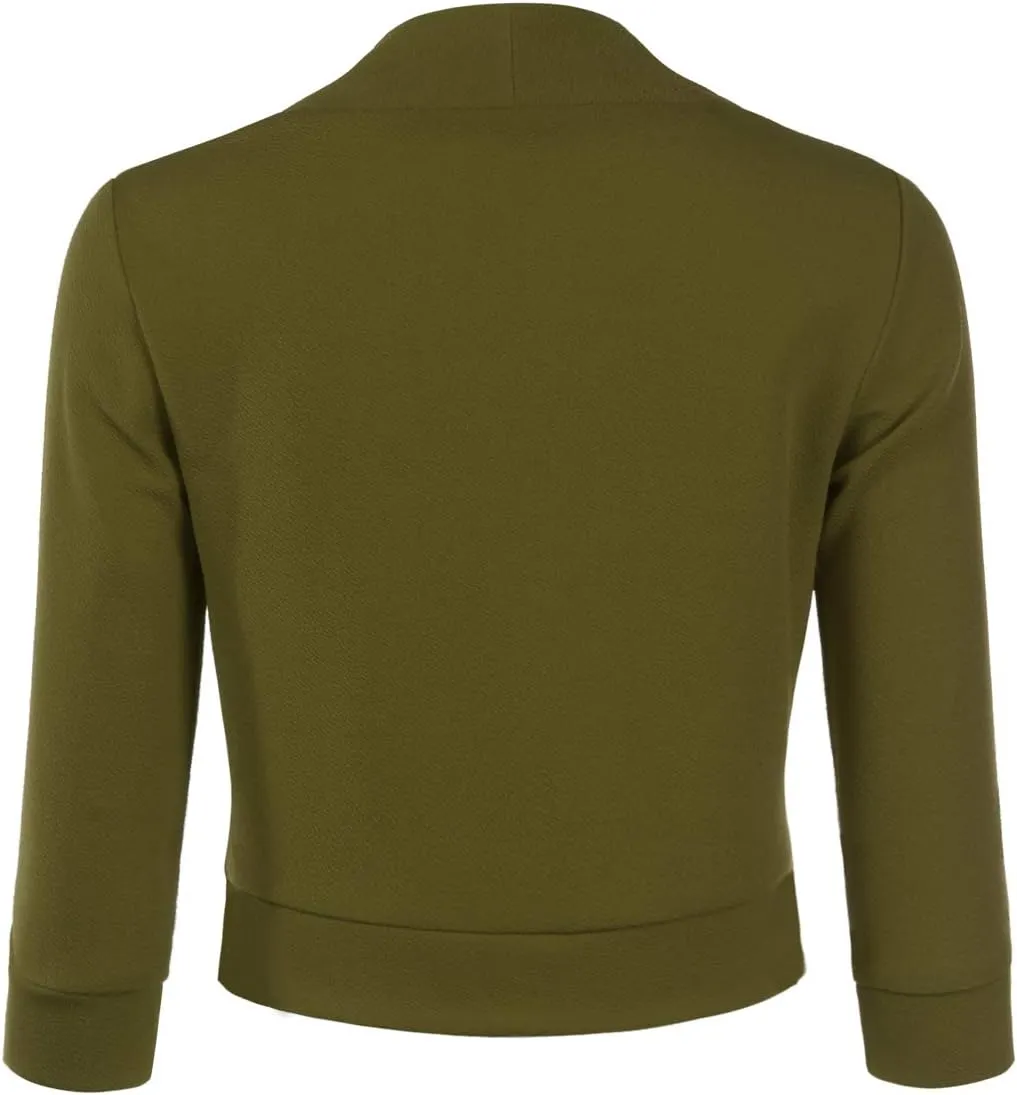 DOUBLJU Bolero Open Front Cardigan Crop Jackets 3/4 Sleeve Basic Cropped Blazers Business Casual for Womens with Plus Size