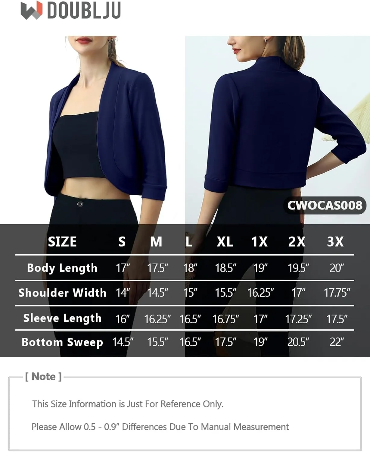 DOUBLJU Bolero Open Front Cardigan Crop Jackets 3/4 Sleeve Basic Cropped Blazers Business Casual for Womens with Plus Size