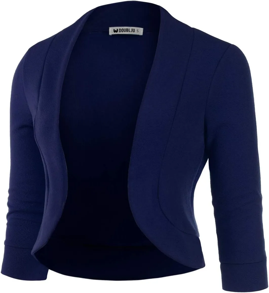DOUBLJU Bolero Open Front Cardigan Crop Jackets 3/4 Sleeve Basic Cropped Blazers Business Casual for Womens with Plus Size