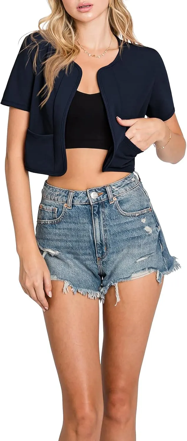 DOUBLJU Bolero Open Front Cardigan Crop Jackets Short Sleeve Basic Cropped Blazers Business Casual for Womens with Plus Size