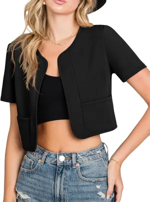 DOUBLJU Bolero Open Front Cardigan Crop Jackets Short Sleeve Basic Cropped Blazers Business Casual for Womens with Plus Size