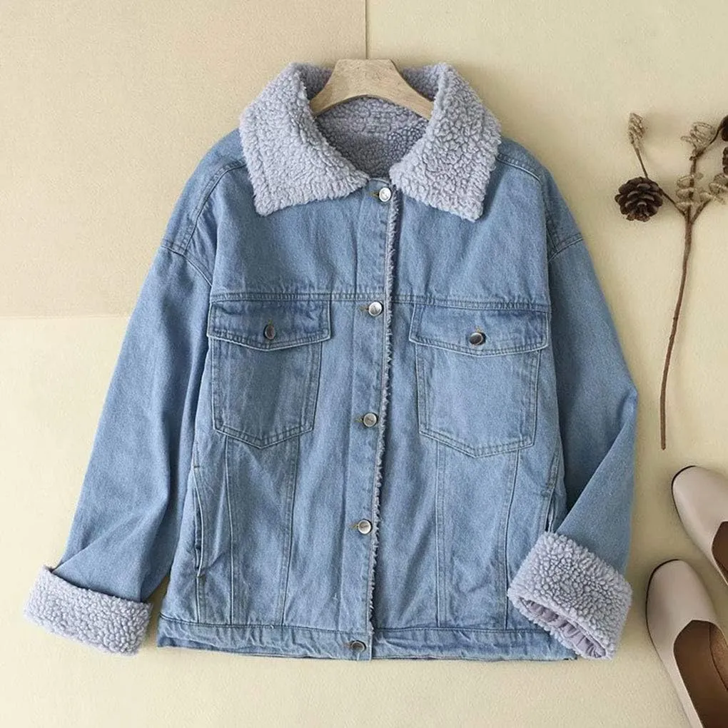 ebossy Women's Sherpa Collar Oversized Quilted Lined Button Up Denim Jacket Outerwear