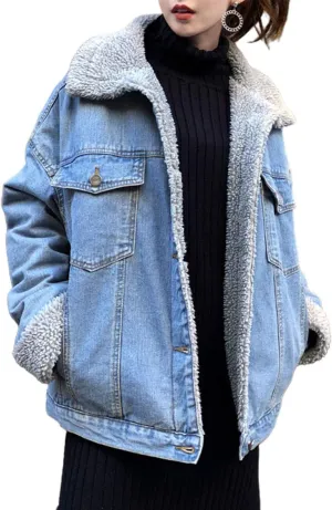 ebossy Women's Sherpa Collar Oversized Quilted Lined Button Up Denim Jacket Outerwear