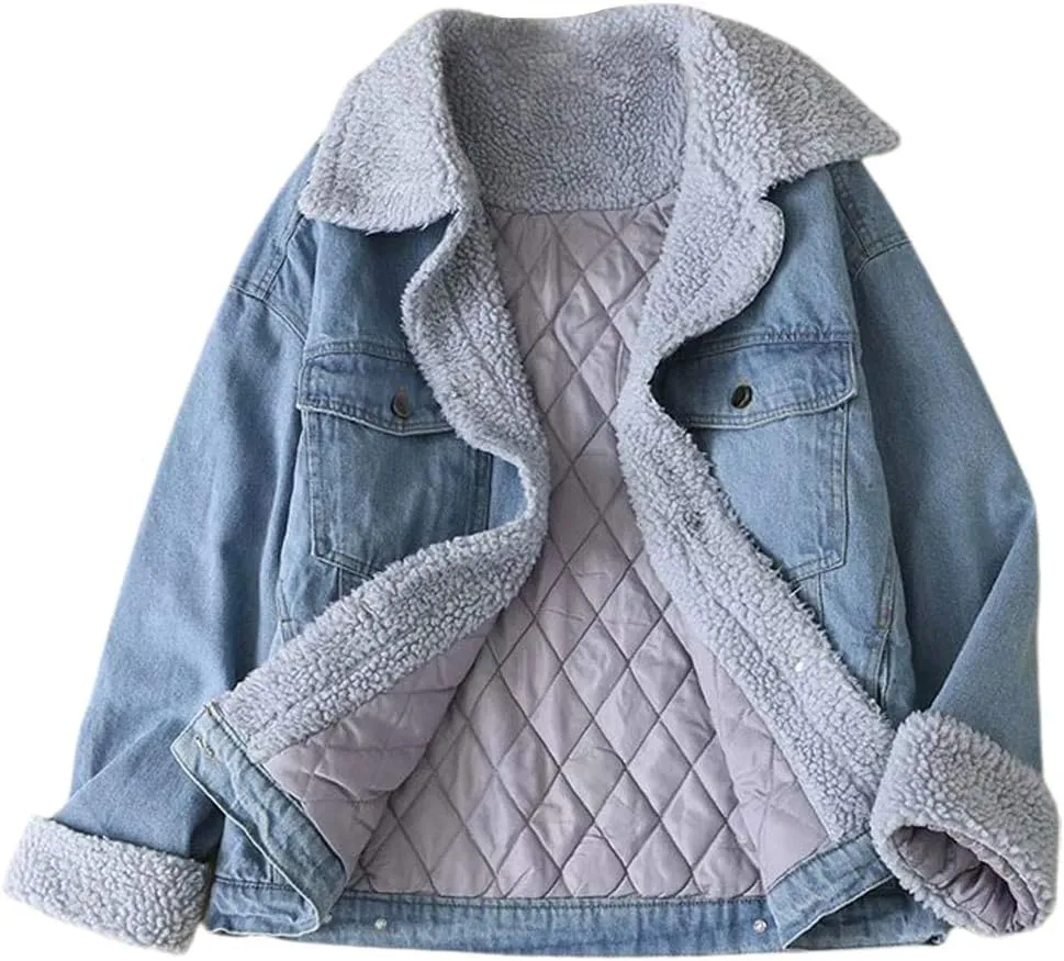ebossy Women's Sherpa Collar Oversized Quilted Lined Button Up Denim Jacket Outerwear