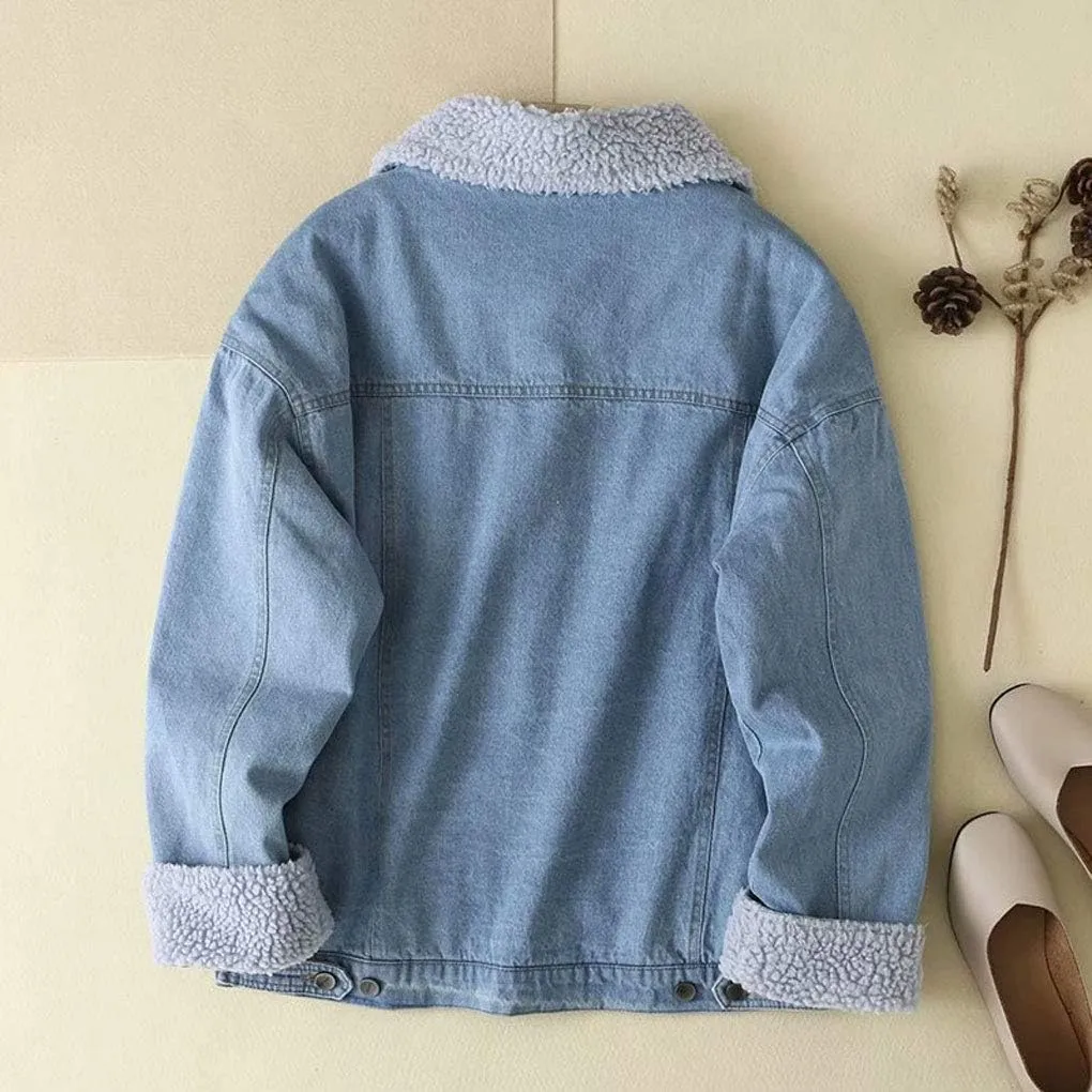 ebossy Women's Sherpa Collar Oversized Quilted Lined Button Up Denim Jacket Outerwear