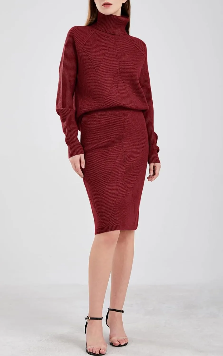 ebossy Women's Turtleneck Cable Knit Sweaters 2 Piece Outfits Knee Length Bodycon Pencil Skirt Sets