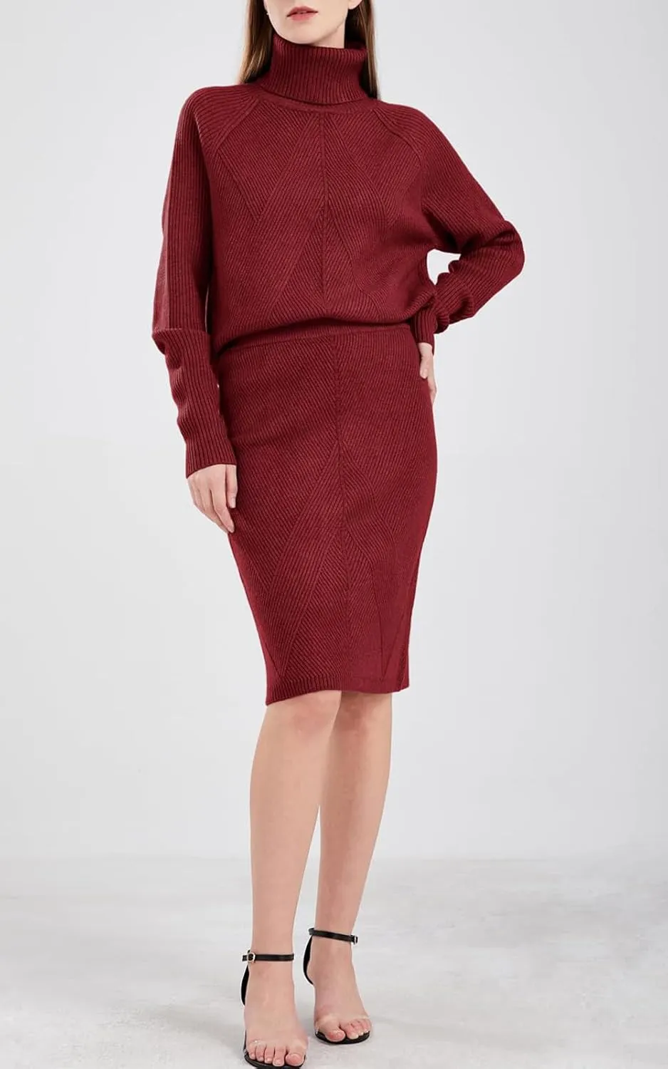 ebossy Women's Turtleneck Cable Knit Sweaters 2 Piece Outfits Knee Length Bodycon Pencil Skirt Sets