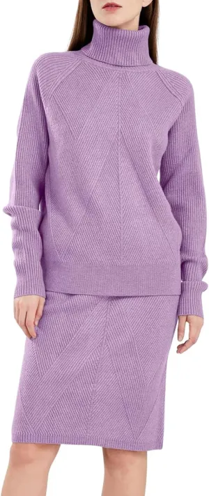 ebossy Women's Turtleneck Cable Knit Sweaters 2 Piece Outfits Knee Length Bodycon Pencil Skirt Sets