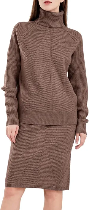 ebossy Women's Turtleneck Cable Knit Sweaters 2 Piece Outfits Knee Length Bodycon Pencil Skirt Sets