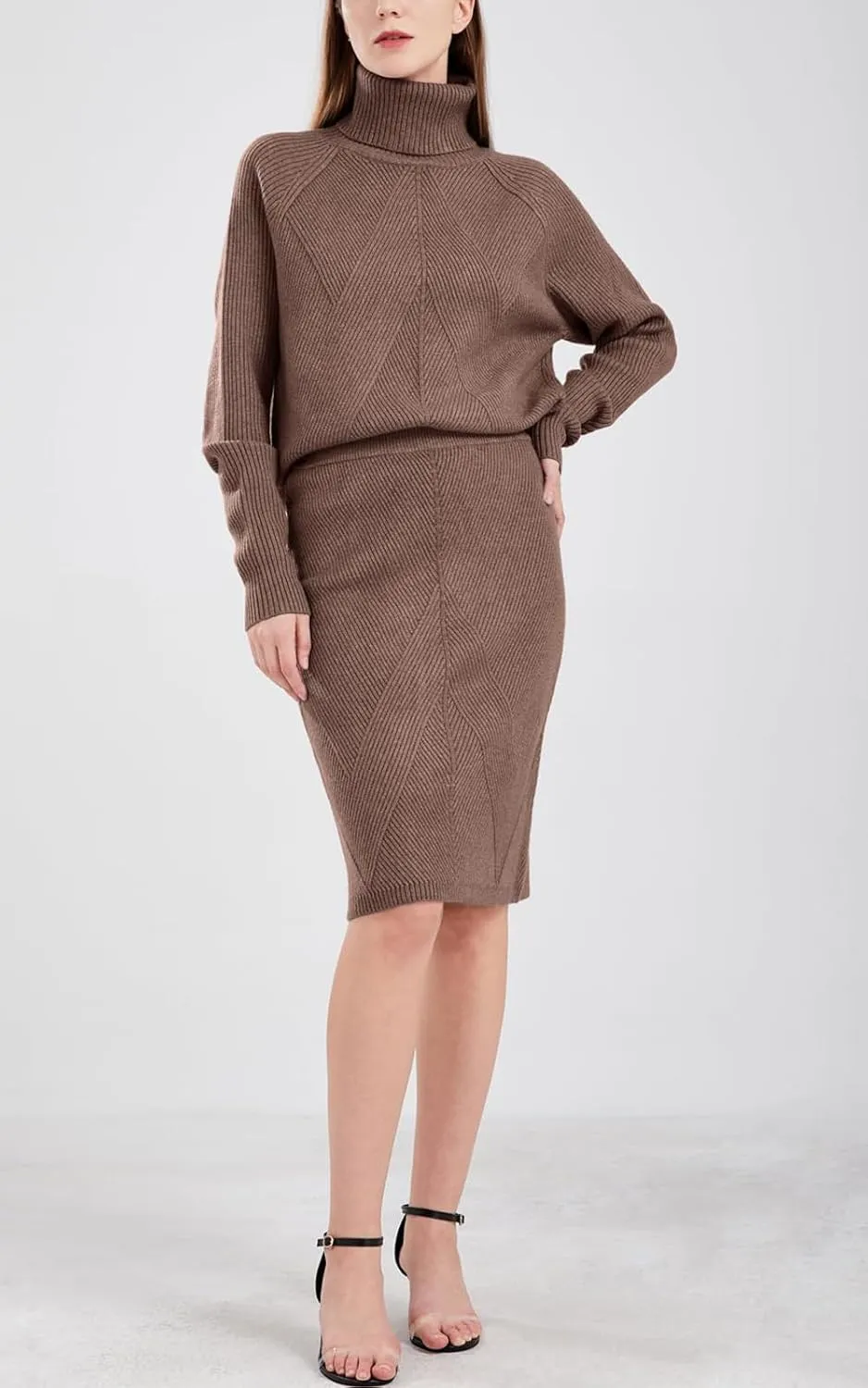 ebossy Women's Turtleneck Cable Knit Sweaters 2 Piece Outfits Knee Length Bodycon Pencil Skirt Sets
