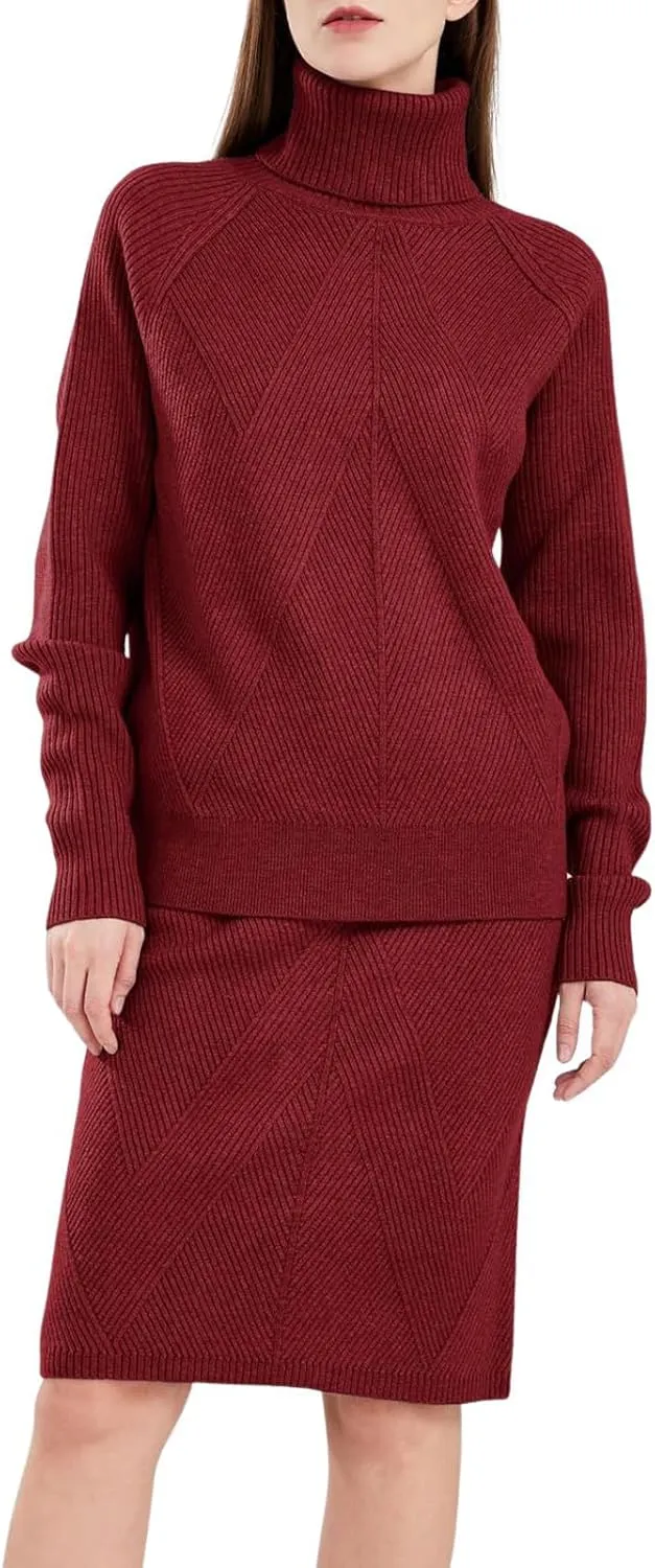 ebossy Women's Turtleneck Cable Knit Sweaters 2 Piece Outfits Knee Length Bodycon Pencil Skirt Sets