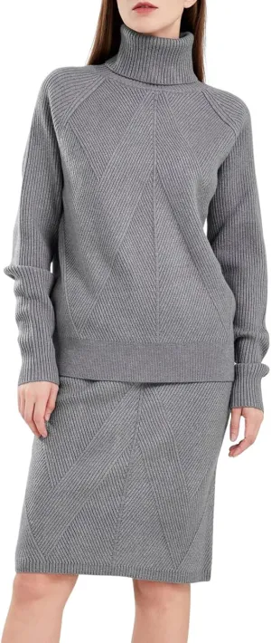 ebossy Women's Turtleneck Cable Knit Sweaters 2 Piece Outfits Knee Length Bodycon Pencil Skirt Sets