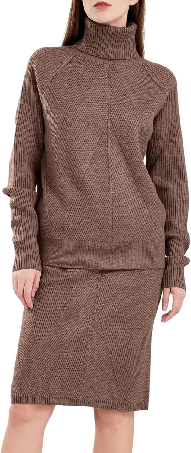 ebossy Women's Turtleneck Cable Knit Sweaters 2 Piece Outfits Knee Length Bodycon Pencil Skirt Sets
