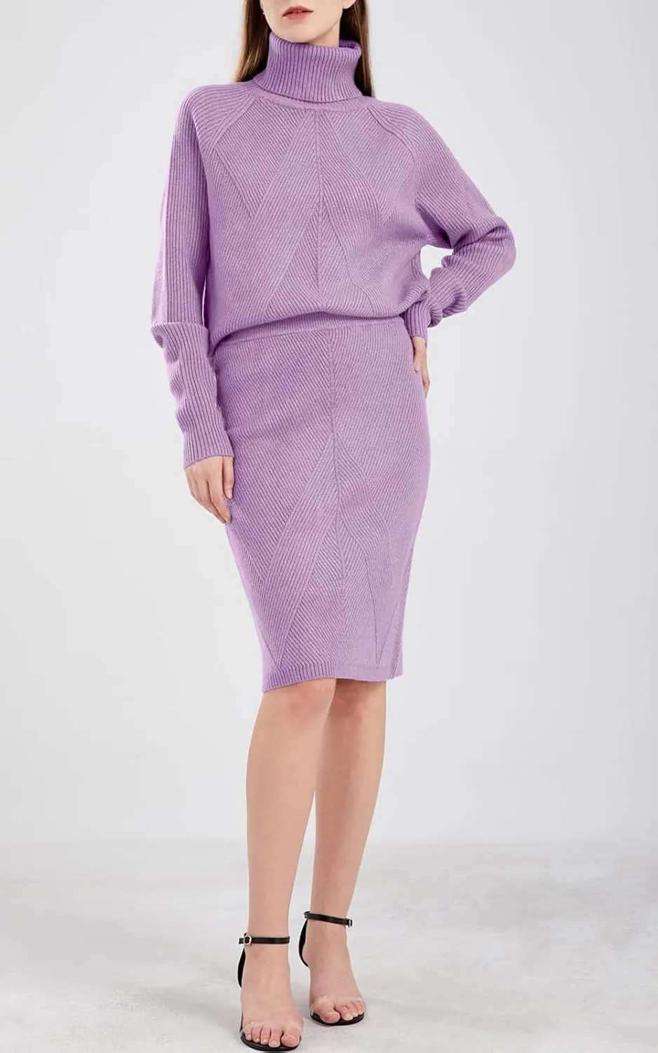 ebossy Women's Turtleneck Cable Knit Sweaters 2 Piece Outfits Knee Length Bodycon Pencil Skirt Sets