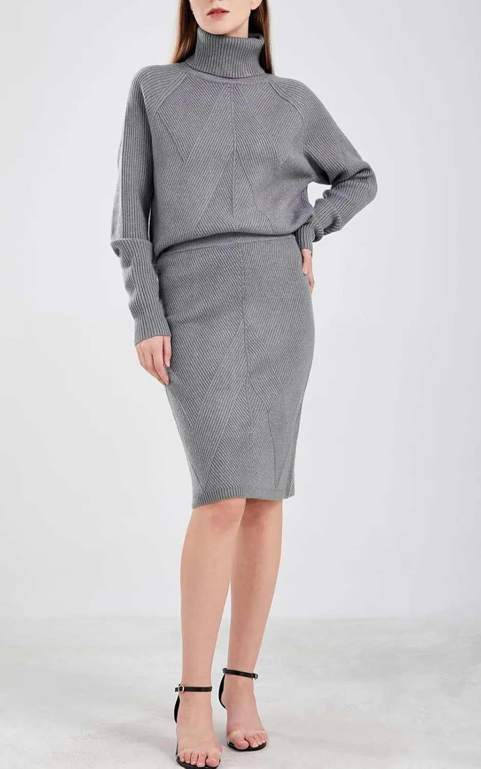 ebossy Women's Turtleneck Cable Knit Sweaters 2 Piece Outfits Knee Length Bodycon Pencil Skirt Sets