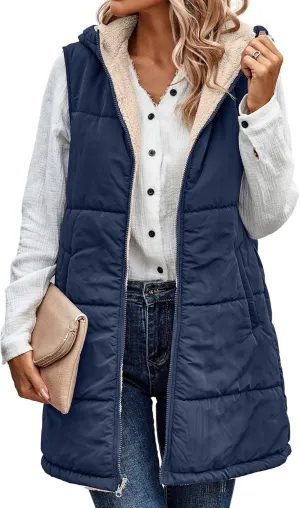 ECOWISH Women Long Puffer Vest: Fall Zip up Reversible Fleece Jacket 2024 Winter Warm Sleeveless Hooded Coat with Pockets
