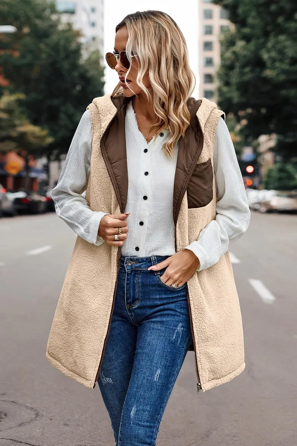 ECOWISH Women Long Puffer Vest: Fall Zip up Reversible Fleece Jacket 2024 Winter Warm Sleeveless Hooded Coat with Pockets