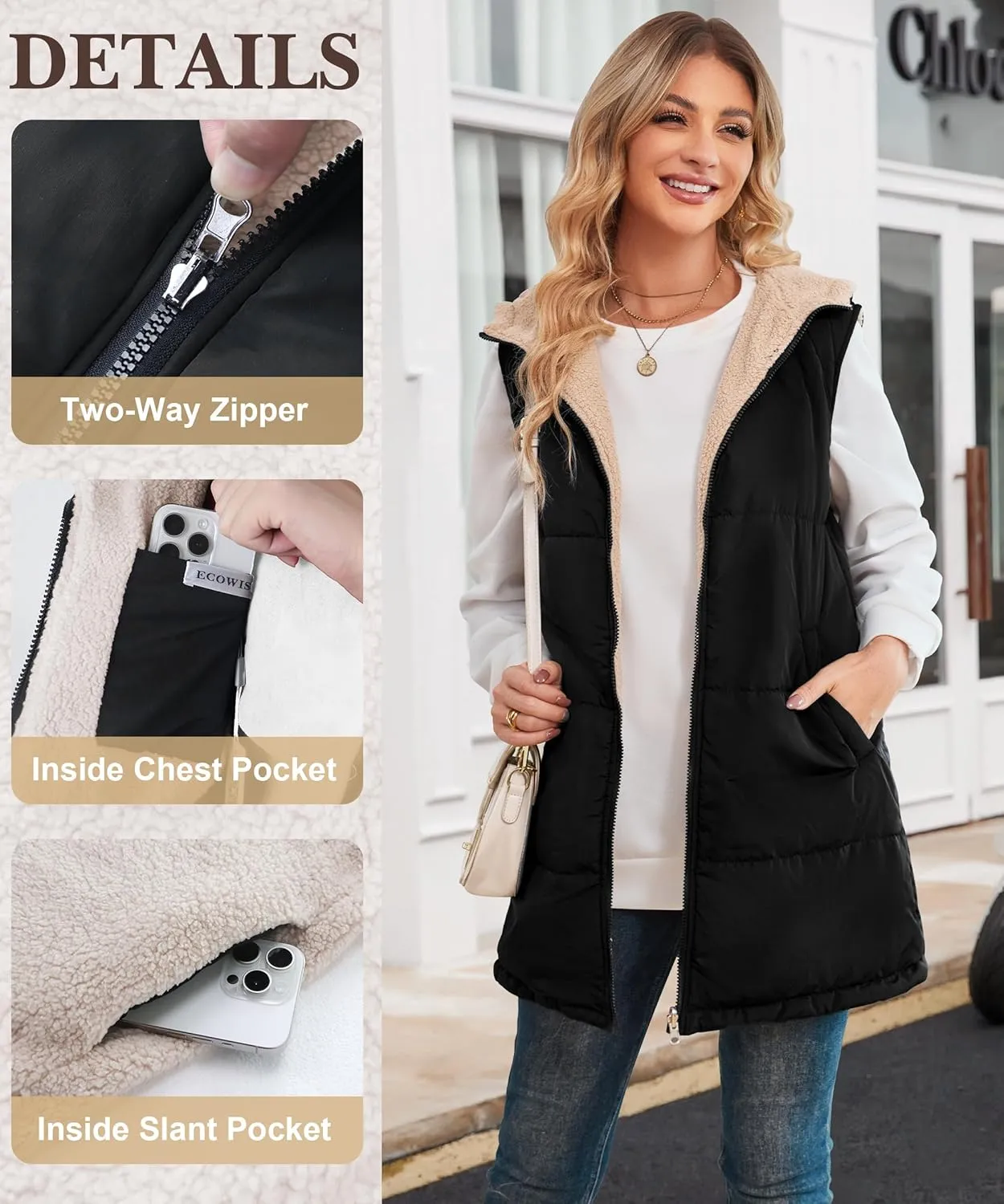 ECOWISH Women Long Puffer Vest: Fall Zip up Reversible Fleece Jacket 2024 Winter Warm Sleeveless Hooded Coat with Pockets