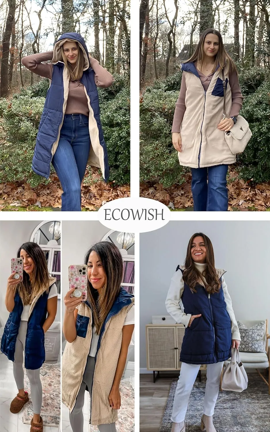 ECOWISH Women Long Puffer Vest: Fall Zip up Reversible Fleece Jacket 2024 Winter Warm Sleeveless Hooded Coat with Pockets