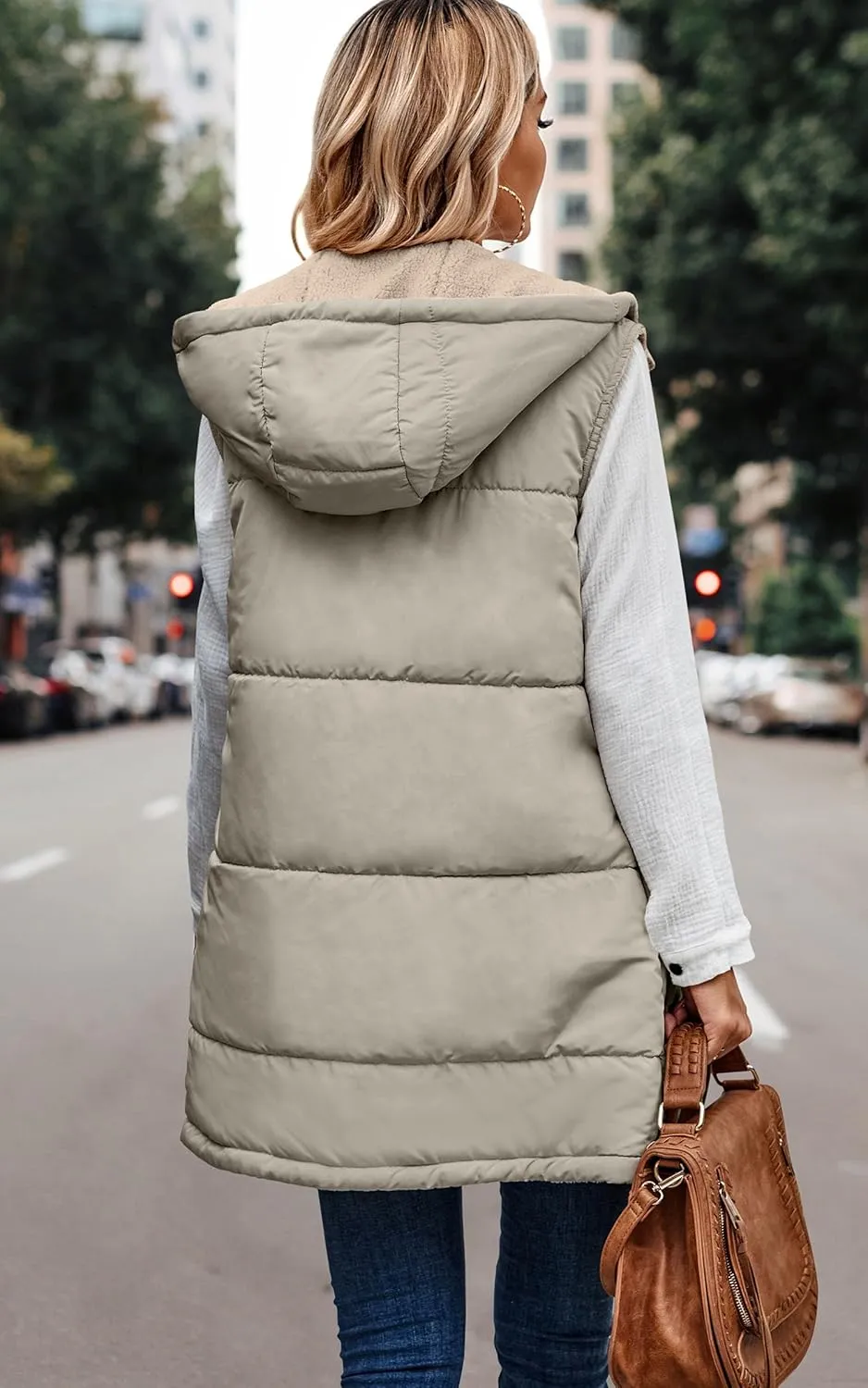 ECOWISH Women Long Puffer Vest: Fall Zip up Reversible Fleece Jacket 2024 Winter Warm Sleeveless Hooded Coat with Pockets