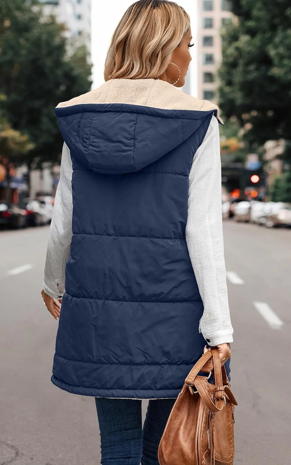 ECOWISH Women Long Puffer Vest: Fall Zip up Reversible Fleece Jacket 2024 Winter Warm Sleeveless Hooded Coat with Pockets