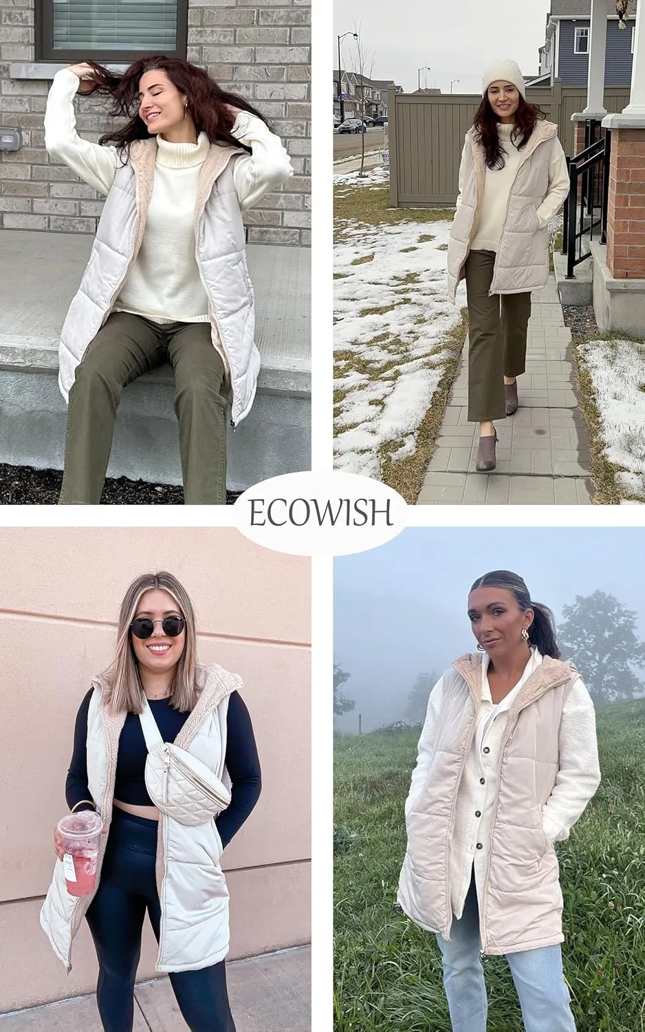 ECOWISH Women Long Puffer Vest: Fall Zip up Reversible Fleece Jacket 2024 Winter Warm Sleeveless Hooded Coat with Pockets
