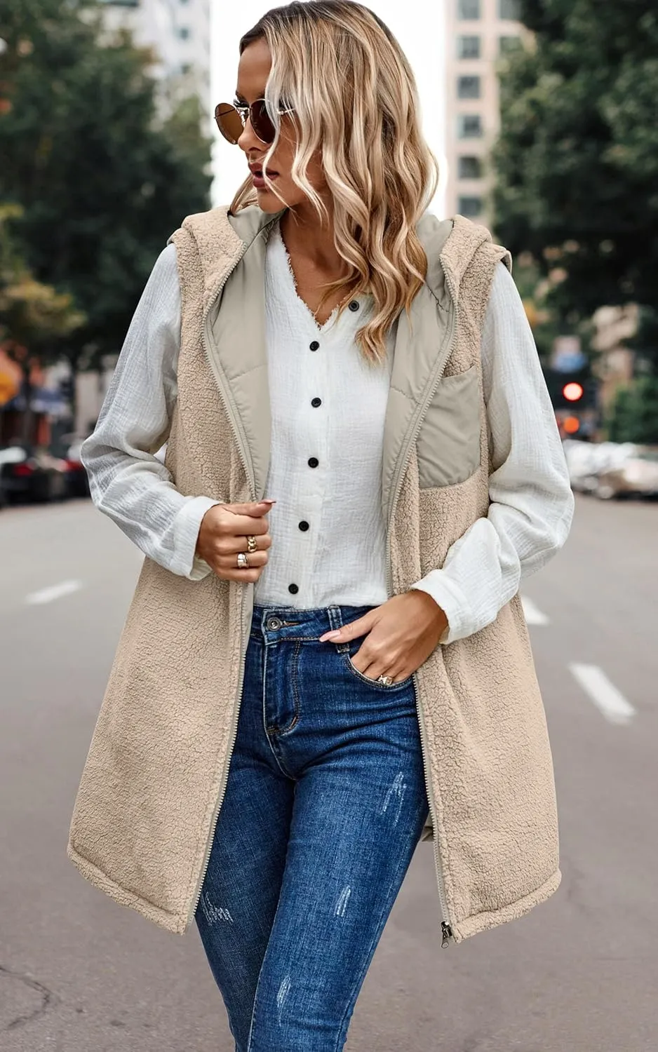 ECOWISH Women Long Puffer Vest: Fall Zip up Reversible Fleece Jacket 2024 Winter Warm Sleeveless Hooded Coat with Pockets