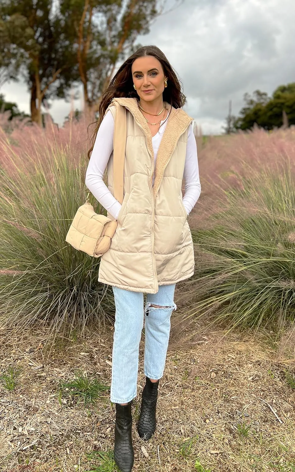 ECOWISH Women Long Puffer Vest: Fall Zip up Reversible Fleece Jacket 2024 Winter Warm Sleeveless Hooded Coat with Pockets
