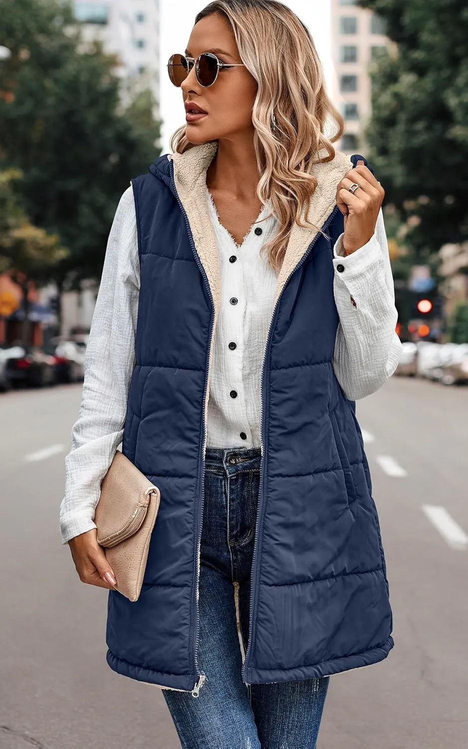 ECOWISH Women Long Puffer Vest: Fall Zip up Reversible Fleece Jacket 2024 Winter Warm Sleeveless Hooded Coat with Pockets